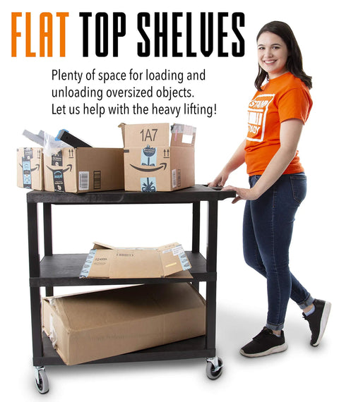 Three Shelf Flat Top Utility Cart That Handles Up To 300 Lbs Heavy Duty HDPE Shelves With Durable PVC Legs Smooth Rolling Wheels With Locking Feature A Workhorse For Office Warehouse Or Garage Storage And Easy Transport, black 3-shelf cart with boxes