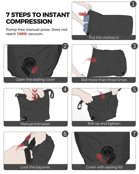 7-step manual compression for Travel Laundry Bag With Pump Free Vacuum Compression Large Waterproof Wet And Dry Bag