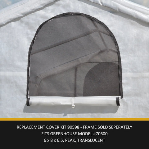Replacement Cover Kit For 6W X 8L X 6.5H Greenhouse Translucent UV Treated Polyethylene Frame Not Included Fits ShelterLogic 70600 Series Durable Outdoor Greenhouse Cover showing front roll-up vent detail