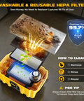 Illustration of Washable HEPA Filter in Cordless 2.5 Gallon Wet Dry Shop Vacuum With 15KPa Suction, compatible with DeWalt 20V.