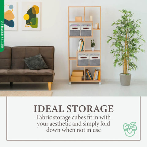Modern living room with Fabric Cube Storage Bins Four Pack 10 Inch By 10 Inch Gray And White Foldable Storage Cubes on shelf