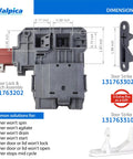 Diagram of Washer Door Latch Lock Replacement Kit for Front Load Washers, includes door lock and two strikes, with dimensions.
