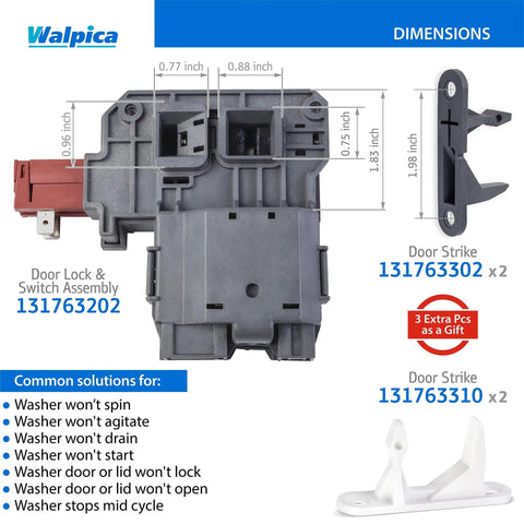 Diagram of Washer Door Latch Lock Replacement Kit for Front Load Washers, includes door lock and two strikes, with dimensions.