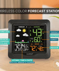Wireless Color Forecast Station with indoor/outdoor temperature, humidity, and colorized forecast icons on display for home.