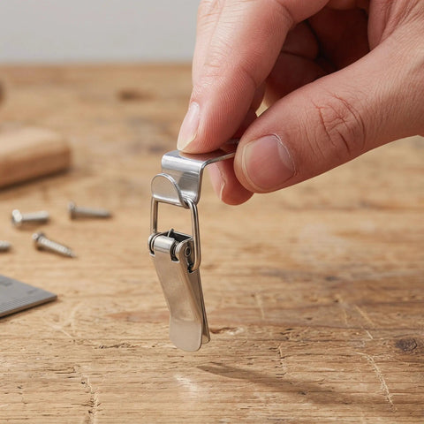 Hand holding stainless latch from 4 Pack 90 Degree Toggle Latches With 16 Stainless Screws For Tool Boxes Cabinets And Storage Chests Built Tough Ready