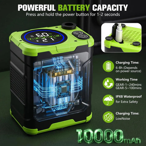 On The Go Camping Shower With 10000mAh Battery showing digital LED display and battery capacity features.