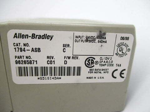 Label on Power Supply Series C Firmware D for 1794 ASB Module, OEM New Surplus Factory Sealed, with specifications visible.