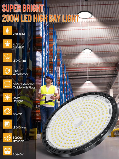 UFO LED High Bay Light 200W 28000Lm Ultra Bright High Bay Shop Light With US Plug Six Point Five Foot Cable And Transformer.