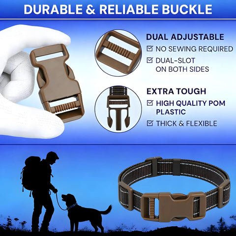 Quick Release Side Buckles and Straps Kit for Outdoors, 3/4 Inch Webbing in Brown Tan Khaki, shown with pet collar example.