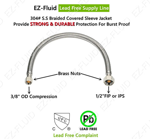 Braided Stainless Steel Faucet Water Supply Line Set Ten Pack Sixteen Inch Each Half Inch Female To Three Eighths Inch Compression Lead Free Brass Nuts Universal Kitchen And Bathroom Sink Connector Hoses image showing single braided hose with brass nuts.