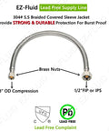 Stainless Steel Braided Faucet Water Supply Line 20 Inch 1/2 FIP to 3/8 Compression LF Brass Nuts Universal Kitchen and Bathroom Connector