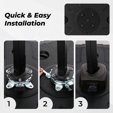 Installation steps of Cantilever Umbrella Base Rolling Stand with Refillable HDPE Weight Reservoirs showcasing quick setup.