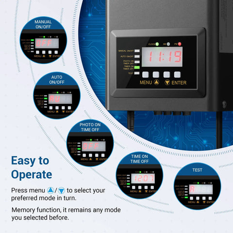 Close-up of control panel modes for Low Voltage Transformer With Timer And Photocell Sensor For Outdoor Landscape Lighting 120W 12V To 14V AC Weatherproof ETL Listed Dusk To Dawn Auto On Off Detachable Sensor Easy Install 6 Foot Power Cord.