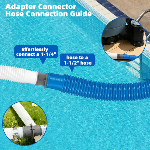 Must Have Pool Hose Adapter For 1 1/4 Inch Or 1 1/2 Inch Hoses connecting blue and white hoses by pool