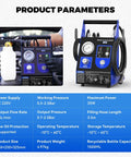 Automatic brake fluid bleeder kit with 1L waste oil bottle and blue control unit featuring gauge and hoses (front and side views).