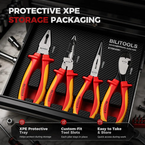Pro Grade 1000V Insulated Pliers Set For Electricians, 4 Piece Heavy Duty Cr-Mo Tools in XPE storage tray