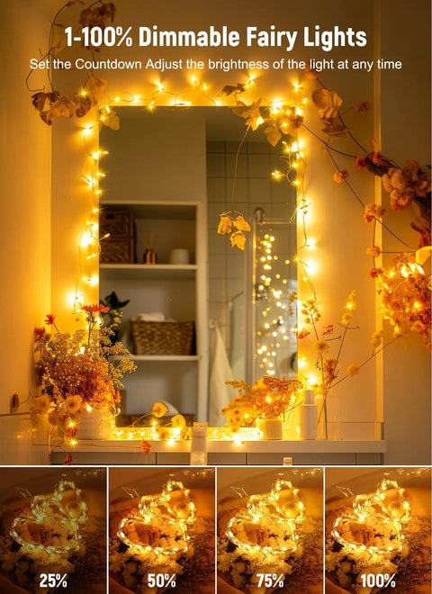 Twinkle Fairy Lights 33 Ft USB Plug In String Lights With Remote And Timer 100 LED Waterproof Wire wrapped around mirror