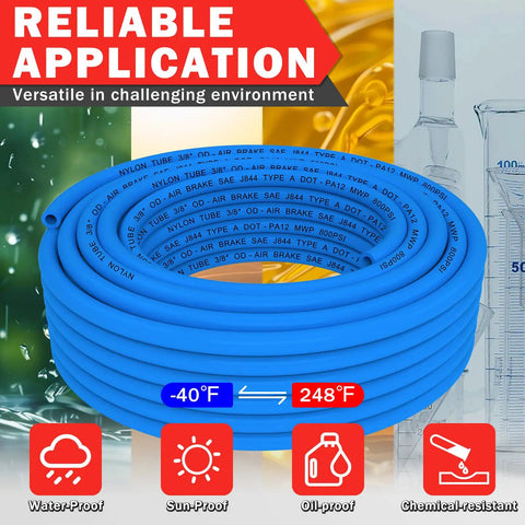 Three Eighths Inch DOT Air Line Blue PA12 Nylon Pneumatic Tubing 100 Ft 30.5 M Heavy Duty Flexible Hose, shown coiled with icons
