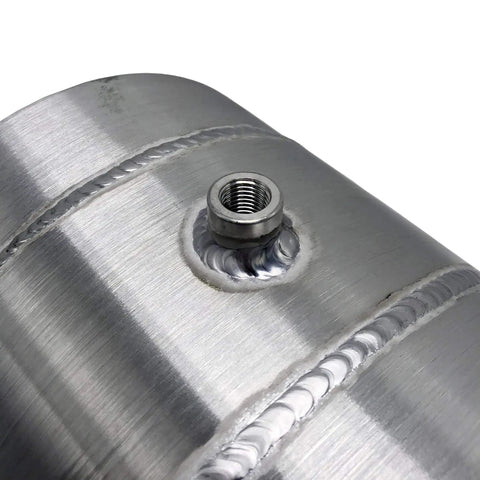Close-up of Two Gallon Aluminum Spun Round Gas Tank With Eight By Ten Inch Body Center Fill Quarter Inch NPT Outlet