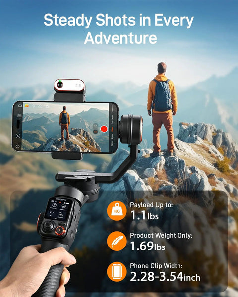 Phone Gimbal Stabilizer With AI Tracking And Detachable One Point Four Inch Touchscreen Remote Built In Extension Rod Fill Light, mountain view filming