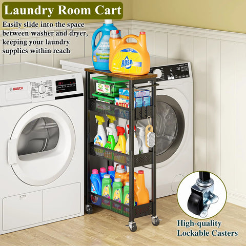4 Tier Slim Rolling Storage Cart With Wood Top For Narrow Spaces Between Appliances in laundry room