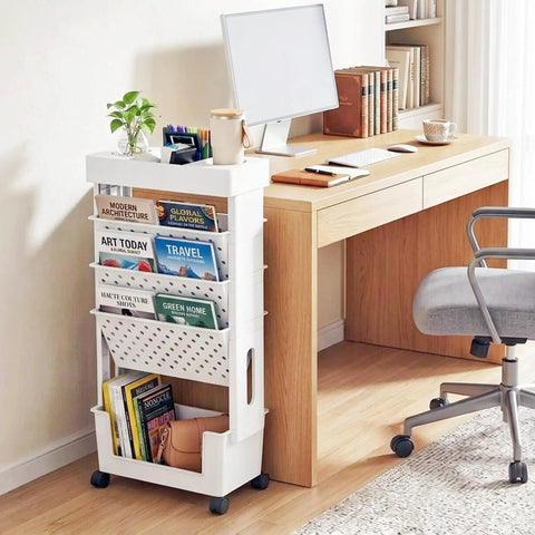 Five Tier Mobile Bookshelf With Rolling Wheels For Home Office Study Living Room Classroom White Space Saving Shelving Cart Movable File Organizer For Books Magazines And More in home office setting
