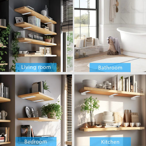 Six Inch Floating Shelf Brackets White 90 Degree Hidden L Shaped Heavy Duty Iron Supports in living room, bathroom, bedroom, kitchen