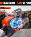User cutting log with Heavy Hitter 68cc Gas Chainsaw With 22 Or 24 Inch Bar, showing engine power and 13,000 RPM speed.