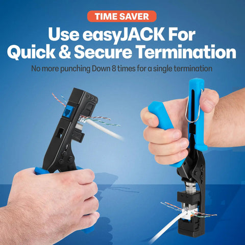 90 Degree Angled Speed Termination Keystone Tool Set With 20 Slim Profile RJ45 Cat6A Keystone Jacks in hand, easy punchdown