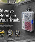 60 Piece Tire Repair Screws With Sealant Heavy Duty Tubeless Tire Plug Kit hanging in a car trunk
