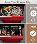 Before and after drawer organization with 42 Piece Black Tool Box Organizer Tray Divider Set For Desk Drawers And Garage Storage.