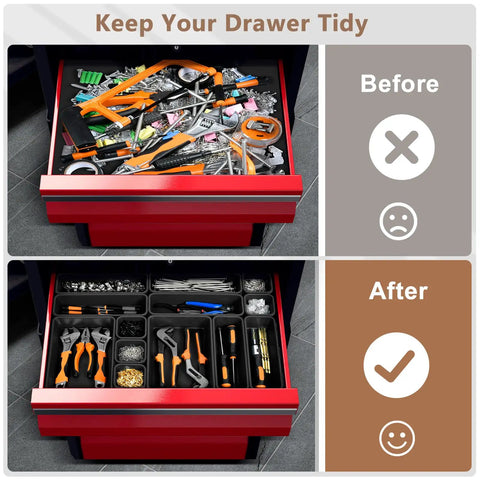 Before and after drawer organization with 42 Piece Black Tool Box Organizer Tray Divider Set For Desk Drawers And Garage Storage.
