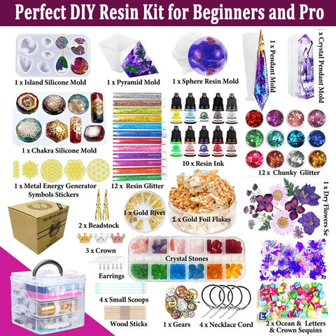 All In One Resin Kit For Beginners And Pros With 125 Pieces Jewelry Making Set Including Sphere And Pyramid Molds Crystal Molds And Epoxy Supplies for DIY Crafts And Art Projects displayed with molds, glitter, inks, and tools.
