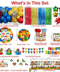 Complete Building Block Birthday Bash Decor Kit In One Box With Foil Balloons Bunting Strings Cupcake Picks And Vinyl Table Cloths For Totally Sick Kid Parties, colorful balloons, cake toppers, and banners.