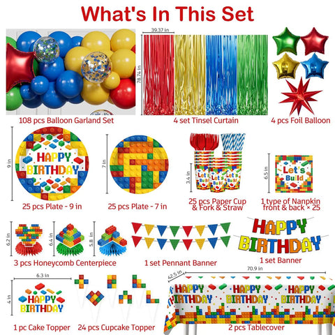 Complete Building Block Birthday Bash Decor Kit In One Box With Foil Balloons Bunting Strings Cupcake Picks And Vinyl Table Cloths For Totally Sick Kid Parties, colorful balloons, cake toppers, and banners.
