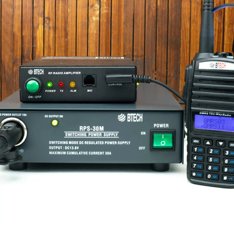 RPS-30M Beefy 30 Amp Compact Regulated Bench Power Supply with 13.8V DC output, screw terminals, and cigarette plug visible.