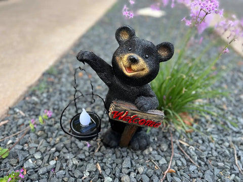 Bear Solar Powered LED Welcome Sign Garden Statue Outdoor Decor for front yard with polyresin bear holding lantern