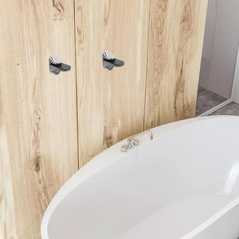 Sturdy Adjustable Glass Shelf Brackets Zinc Alloy Wall Mounts for Bathrooms and Kitchens beside wood paneling