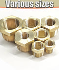 Brass hex reducer bushings in various sizes for pipe fittings; 3/8 MNPT x 1/8 FNPT
