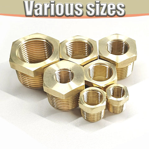 Brass hex reducer bushings in various sizes for pipe fittings; 3/8 MNPT x 1/8 FNPT