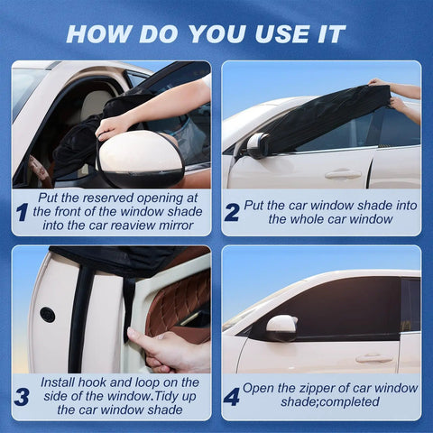 Installation steps for 4 Pack Car Window Screen Mesh Shades For Front And Rear Windows Breathable Privacy Sun Covers