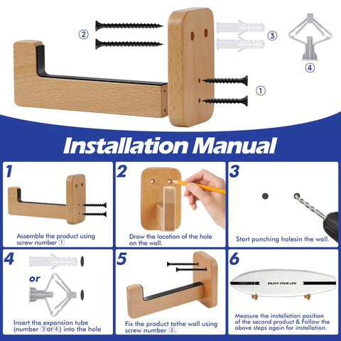 Installation manual for Top Shelf Beech Wood Surfboard Wall Mount Rack With Grippy Non Slip V Pads showing assembly steps.