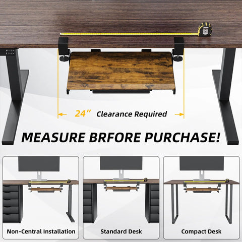 Under Desk Keyboard Tray 19.7 X 12.2 Inches With C Clamp installed, showing 24-inch clearance requirement for compact desks.