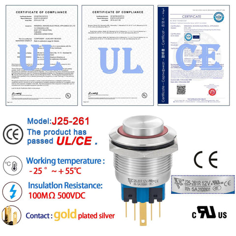25mm UL Listed Momentary Push Button Switch With High Round Head 2NO2NC DPDT SPDT Stainless Steel Shell 12V LED, UL CE certified