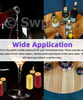 100 Piece PVC Heat Shrink Wine Bottle Capsule Kit With Black Plastic Tops In Killer Gold Black And Red Assortment showing sealing process and wine bottles.