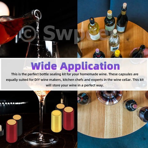 Pretty Legit Fifty Four Piece Wine Bottle Sealing Set Featuring Gold Black And Red Pvc Heat Shrink Capsules With Smooth Plastic Cork Stoppers For Homebrewers, showing corks and wine pouring.