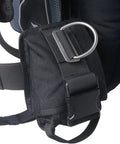 Close-up of buckle and strap on Wing Style Scuba BCD With Aquawing Plus One Size Unisex Patented Modular System Adaptable design.