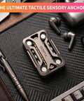 Premium Zinc Alloy Magnetic Fidget Slider Featuring Hollow Cyberpunk Design And Buttery Smooth Sliding Action For Top Tier Stress Relief on desk.