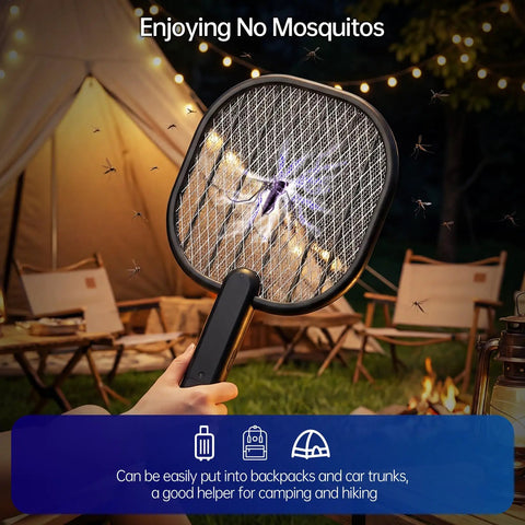 Ultimate 3500V Bug Zapper Handheld Electric Fly Swatter With 5 Layer Protection Grid used outdoors near campsite