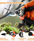 Bypass pruning shears cutting a branch, showing SK5 blades and orange ergonomic handle from the All In One Workhorse Pruning Shears Set For Pro Garden Work Bypass Pruning Shears Garden Scissors Pruning Snips Saw Gloves Storage Bag And Handheld Garden Shears For Easy Plant Pruning And Thick Branch Cuts.